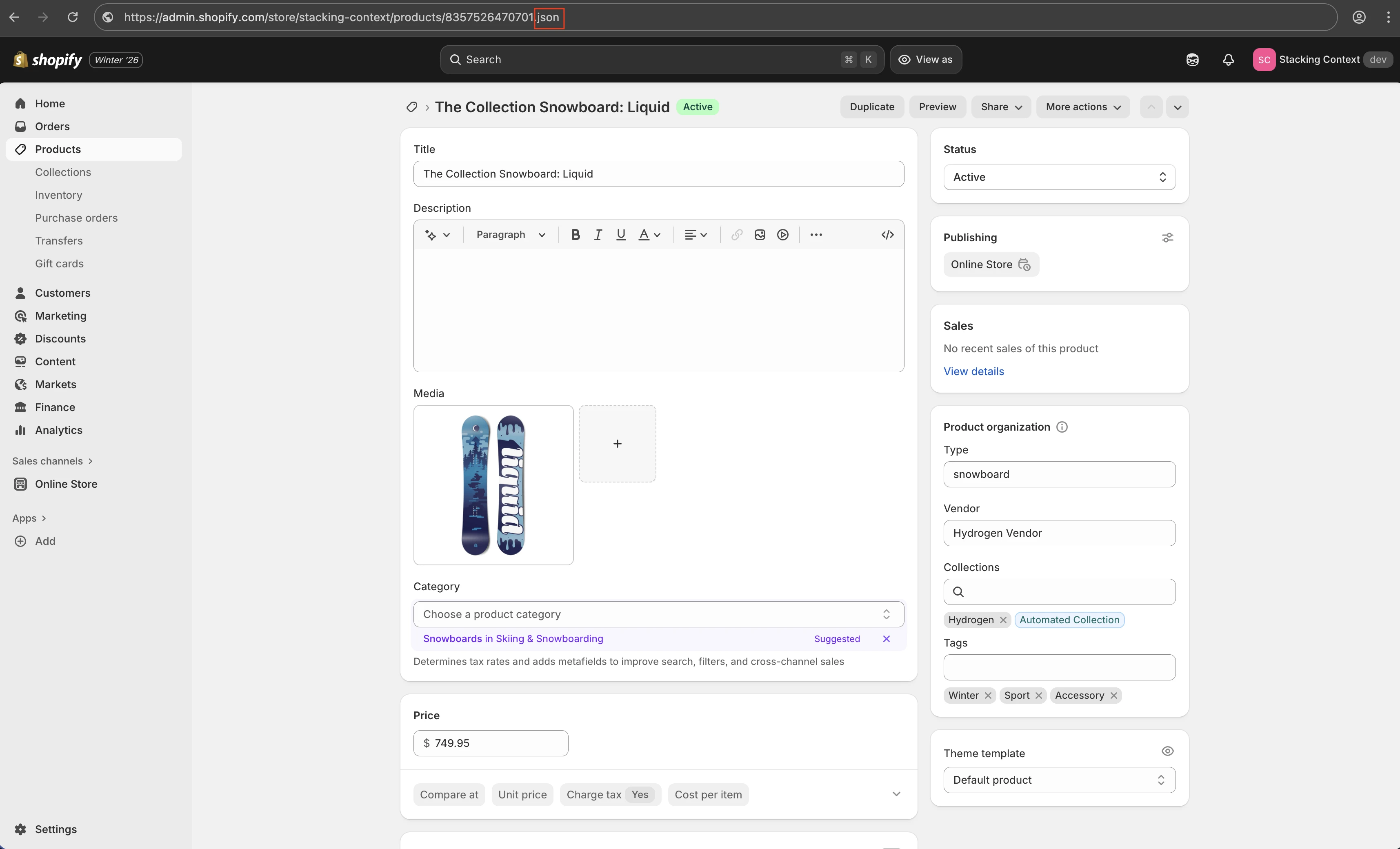 Browser tab navigating to https://admin.shopify.com/store/stacking-context/products/8357526470701.json and the .json part highlighted