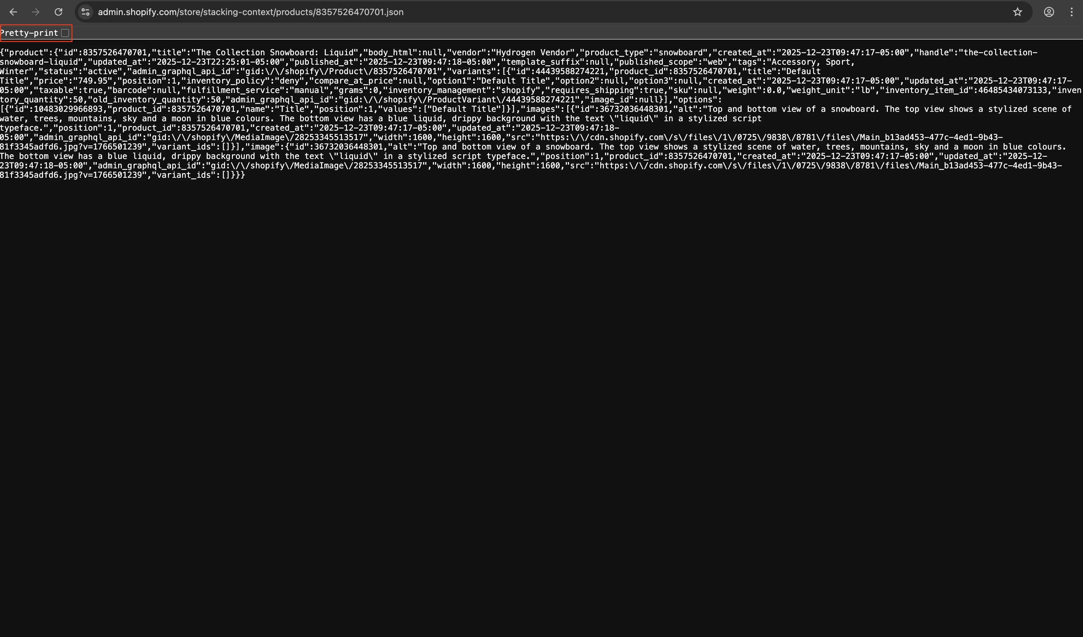 Screenshot of the https://admin.shopify.com/store/stacking-context/products/8357526470701.json resulting json, unformatted