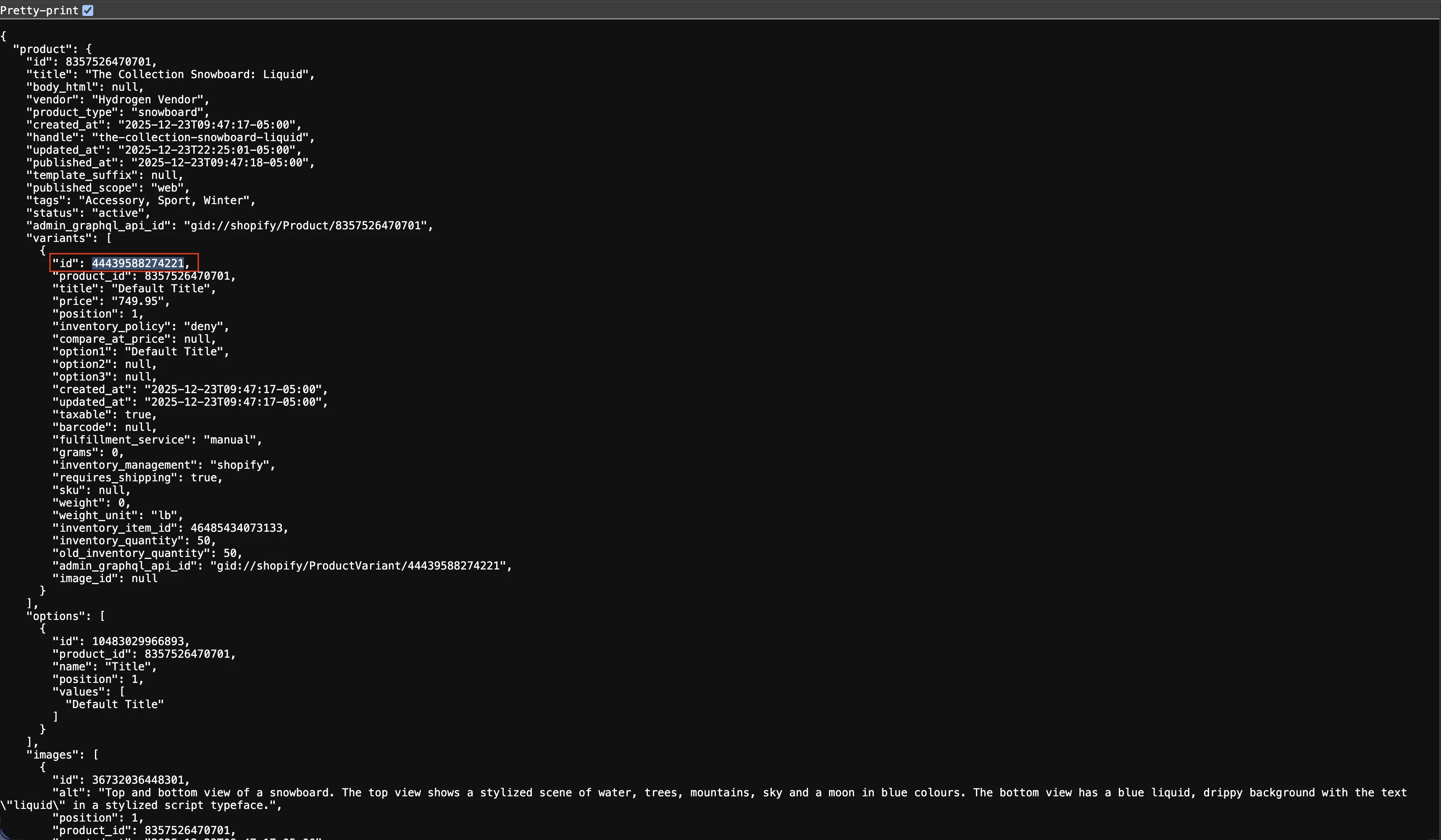 Screenshot of the https://admin.shopify.com/store/stacking-context/products/8357526470701.json resulting json, formatted and with the variant ID highlighted
